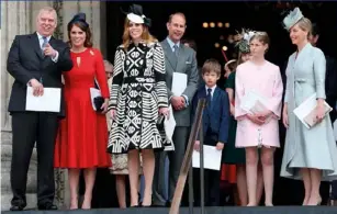  ??  ?? ABOVE (from left): Prince Andrew with his daughters, princesses Eugenie and Beatrice and Prince Edward with his children, James, Viscount Severn, and Lady Louise Windsor, and wife, Sophie, Countess of Wessex, on the steps of St Paul’s Cathedral for the...