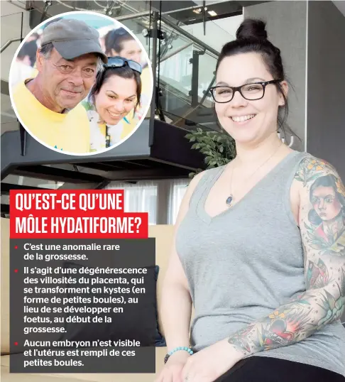  ??  ?? Véronique Alain s’est fait tatouer le bras, un tatouage qui représente le combat qu’elle a mené contre son cancer. En mortaise, on peut voir Véronique avec son père, Paul, lors d’une édition antérieure du Relais pour la vie.