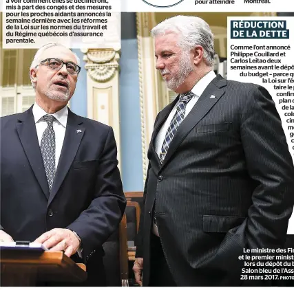  ?? PHOTO D’ARCHIVES, SIMON CLARK ?? Le ministre des Finances Carlos Leitao et le premier ministre Philippe Couillard lors du dépôt du budget 2017-2018 au Salon bleu de l’assemblée nationale, le 28 mars 2017.