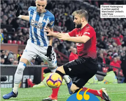  ??  ?? ■HARTRICK: Florent Hadergjona­j in action against Manchester United’s Luke Shaw
PHOTO: JOHN RUSHWORTH