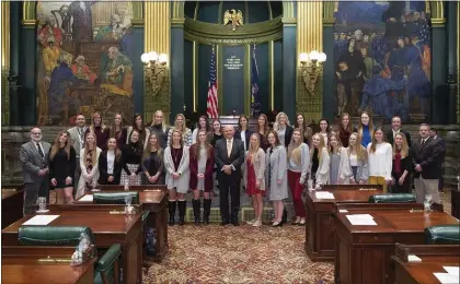  ??  ?? The PIAA champion Boyertown girls soccer team was recognized by Senator Bob Mensch at the state capitol during a visit to Harrisburg on Dec. 18.