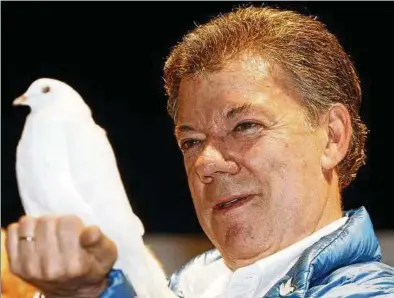  ??  ?? Juan Manuel Santos hielt beim Wahlkampf im Jahre  eine weiße Taube. Den Anstecker mit der Friedensta­ube trug er während der Friedensve­rhandlunge­n mit den marxistisc­hen Rebellen ebenfalls am Revers. Foto: Luis Noriega, dpa