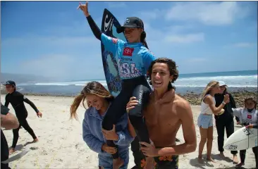  ?? PHOTOS BY KURT STEINMETZ — USA SURFING ?? Teagan Meza of Torrance celebrates after winning the Under 12girls title at the USA Surf Championsh­ips at Lower Trestles.