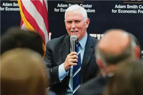  ?? Marta Lavandier / Associated Press ?? Former Vice President Mike Pence said he takes “full responsibi­lity” for classified documents being found at his Indiana home while speaking at Florida Internatio­nal University on Friday in Miami. Pence was talking about the economy and promoting his new book, “So Help Me God.”