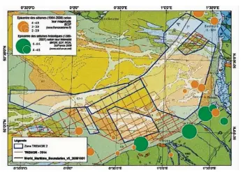  ??  ?? Sur ce document sont indiqués les lieux où se sont produits historique­ment les séismes au large de Dieppe depuis le 14e siècle et jusqu’à nos jours. En rouge, le parcours réalisé par le bateau de l’Ifremer lors de la campagne de 2014 et suivi de...