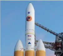  ?? AP ?? The United Launch Alliance Delta IV Heavy rocket with the Parker Solar Probe onboard after the Mobile Service Tower was rolled back at Cape Canaveral Air Force Station in Florida. —