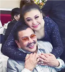  ??  ?? Glittering reunions took place at the party, including this moment between “Ninong Erap”—former president and now Manila Mayor Joseph Ejercito Estrada—and the Megastar Sharon Cuneta