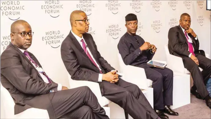  ??  ?? L-R: Minister of Water Resources , Suleiman Adamu; Minister of Industry, Trade and Investment, Okechukwu Enelamah; Vice President Yemi Osinbajo; and President, Dangote Group, Aliko Dangote, during a panel discussion at the World Economic Forum in...