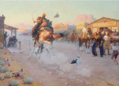  ??  ?? William R. Leigh (1866-1955), Embarrasse­d (Range Pony in Town), oil on canvas. 30 x 40” Estimate: $1/1.5 million