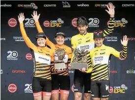  ?? Nick Muzik /Cape Epic ?? We are the champions: The overall ladies and mens winners, Anne Terpstra and Nicole Koller with Matthew Beers and Howard Grotts
/