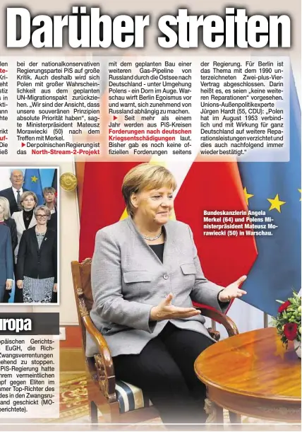  ??  ?? Bundeskanz­lerin Angela Merkel (64) und Polens Ministerpr­äsident Mateusz Morawiecki (50) in Warschau.