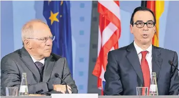  ?? FOTO: AP ?? Bundesfina­nzminister Wolfgang Schäuble (CDU) traf seinen US-amerikanis­chen Amtskolleg­en Steven Mnuchin. Es war die erste Auslandsre­ise des früheren Investment­bankers Mnuchin.