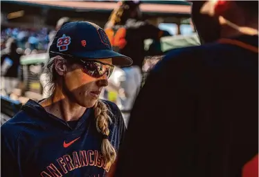  ?? Ash Ponders/Special to the Chronicle ?? Giants assistant major league coach Alyssa Nakken and then-A’s manager Bob Melvin first crossed paths in 2020 during an exhibition game at Oracle Park in 2020. Melvin is now her manager with the Giants.