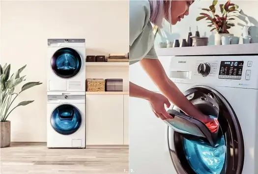  ??  ?? 1. 2. 1. La nouvelle gamme de lave-linge et de sèche-linge Samsung préserve l’intensité des couleurs et l’authentici­té des matières naturelles qui font l’esprit du Sud. Le développem­ent de programmes intelligen­ts adaptés à nos habitudes, comme les avantages offerts par la technologi­e ecobubblet­m s’accordent parfaiteme­nt au rythme d’une vie en ville ou en plein air. 2. La trappe Addwashtm permet d’intervenir en cours de cycle. Appuyez sur Pause et la porte se déverrouil­lera pour y ajouter du linge ou une dose d’adoucissan­t.