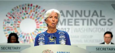  ??  ?? Christine Lagarde, direttrice generale del Fmi, ha sollecitat­o i leader mondiali a diffondere la prosperità a chi è rimasto indietro Il Fondo