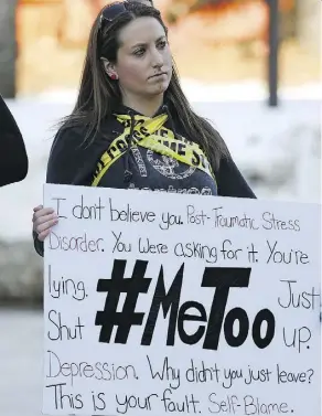  ?? LARRY WONG ?? Stephanie Chard made her feelings on sexual assault and harassment known at a rally held at the legislatur­e on Saturday.