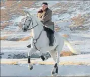  ??  ?? North Korean leader Kim Jong Un riding a white horse in the first snow at Mouth Paektu. AFP FILE