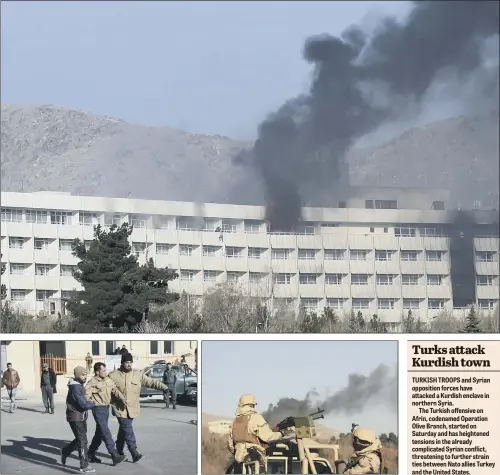  ??  ?? Above, men try to escape from a balcony of the Interconti­nental Hotel after an attack in Kabul, Afghanista­n; left, a man rescued by Afghan security personnel is escorted away; right, black smoke rises as Afghan patrols seal off the grounds of the hotel.