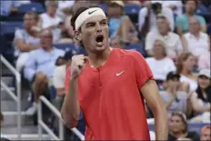  ?? JASON DECROW — THE ASSOCIATED PRESS ?? Taylor Fritz, of the United States, celebrates as he plays Dominic Stricker, of Switzerlan­d, during the fourth round of the U.S. Open tennis championsh­ips, Sunday, Sept. 3, 2023, in New York.