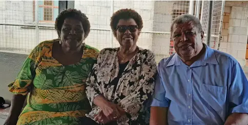  ?? Wati Talebula-nuku ?? Watisoni Nata (right) with SODELPA USA 4 Fiji president Adi Asenaca Caucau and Ana Naivou after the SODELPA management board meeting at Epworth Hall on April 14, 2023. Photo: