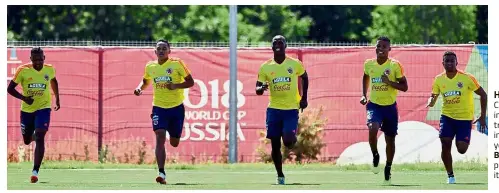  ??  ?? Hard at work: Colombia players in action during a training session in Kazan yesterday. Below: Colombia players sweating it out.