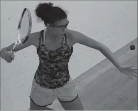  ??  ?? Girls Under - 19 Champion Taylor Fernandes, serves during her final match against Sarah Lewis in which she won in straight sets 11 - 1, 11 - 7 and 11 – 3(Photo by Royston Alkins)