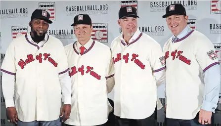  ?? ASSOCIATED PRESS FILE PHOTO ?? In this Jan. 25 photo, Baseball Hall of Fame inductees, from left, Vladimir Guerrero, Trevor Hoffman, Chipper Jones and Jim Thome pose during a news conference in New York. Induction ceremonies will be Sunday.