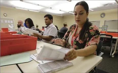  ??  ?? Bianca Savola, an election clerk at the Sacramento County Registrar of Voters, inspect a mail-in ballot, Wednesday in Sacramento. More than 1.4 million California­ns have already voted absentee in the state’s primary, which could have the highest ever...