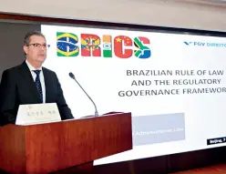  ??  ?? Sergio Guerra, dean of FGV Direito Rio, gives a speech on Brzailian rule of law and the regulatory governance framework in Beijing on September 7, 2019.