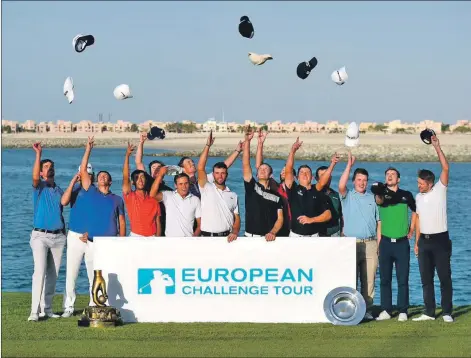  ??  ?? The 15 players who secured their European Tour card places for 2019 celebrate after the Road to Ras Al Khaimah event in the United Arab Emirates. Photos: Euopean Challenge Tour