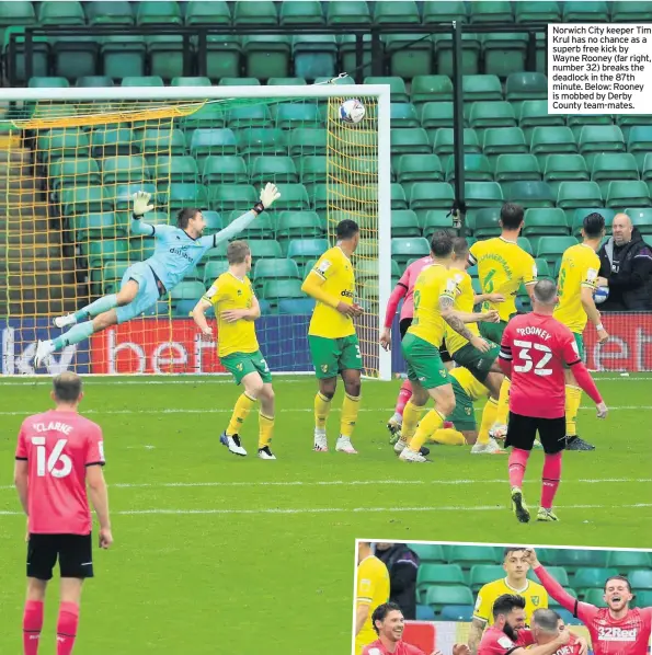  ??  ?? Norwich City keeper Tim Krul has no chance as a superb free kick by Wayne Rooney (far right, number 32) breaks the deadlock in the 87th minute. Below: Rooney is mobbed by Derby County team-mates.