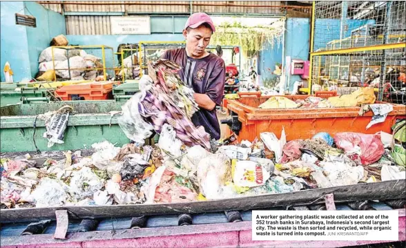  ?? JUNI KRISWANTO/AFP ?? A worker gathering plastic waste collected at one of the 352 trash banks in Surabaya, Indonesia’s second largest city. The waste is then sorted and recycled, while organic waste is turned into compost.