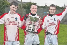  ??  ?? Tomás Ó Súilleabhá­in, Brian Ó Raoill and Cathal Ó Bambaíre from PS Chorcha Dhuibhne, celebrate their win over St. Brendans Killarney in the O'sullivan Cup Colleges SFC final