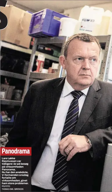  ??  ?? Lars Løkke Rasmussen var tidligere i år på besøg på virksomhed­en Panorama. Nu har den anekdote, V- formanden onsdag fortalte om virksomhed­en, givet ham store problemer.
