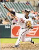  ?? KENNETH K. LAM/BALTIMORE SUN ?? Yefry Ramirez made his major league debut for the Orioles, pitching 41⁄ innings and giving up four runs on four hits and three walks in a loss to the Red Sox.