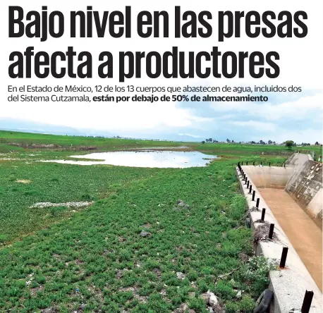  ?? ?? El agua en la Presa
José Antonio Alzate,
en Temoaya, no llega a los niveles de hace 20 años, aseguran pobladores.