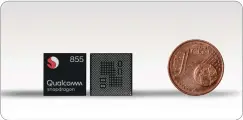  ??  ?? Dank der bisher in der Halbleiter-Fertigung kleinstmög­lichen 7-Nanometer-Technik ist der Snapdragon 855 kleiner als eine 1-Cent-Münze.