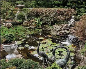  ?? Baltimore Sun/TNS/AMY DAVIS ?? This view of a backyard pond, the first of five ponds created by David Boteach on his Reistertow­n property, shows how he uses decorative elements to carry the viewer’s eye around the pond.