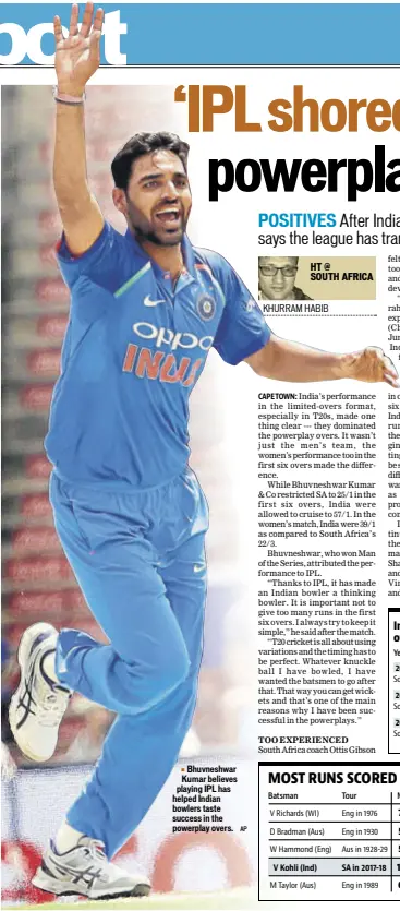  ?? AP ?? Bhuvneshwa­r Kumar believes playing IPL has helped Indian bowlers taste success in the powerplay overs.