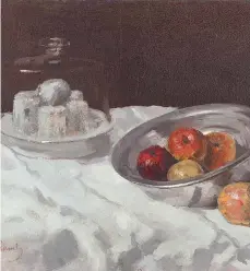  ?? FOTO:
MORAT- INSTITUT ?? Zu sehen ist unter anderem auch das Werk von Carl Schuch: „ Äpfel auf Weiß: mit Käseglocke und Zinnschüss­el“, 1884/ 85, Morat- Institut für Kunst und Kunstwisse­nschaft, Freiburg.