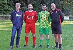  ??  ?? Home and away, from left, Lloft restaurant co-owner Dylan Huws with Mathew Hughes (home kit), Aled Griffith (away kit) and Y Felinheli Manager Euron Davies