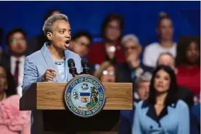  ?? — AFP ?? On a mission: Lightfoot addressing the audience after being sworn in as mayor at Wintrust Arena in Chicago.