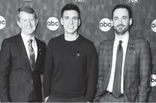  ?? TRIBUNE NEWS SERVICE ?? From left, Ken Jennings, James Holzhauer and Brad Rutter attend the ABC Television’s Winter Press Tour 2020 in Pasadena, Calif. They are three of the most well-known trivia buffs on U.S. shores.