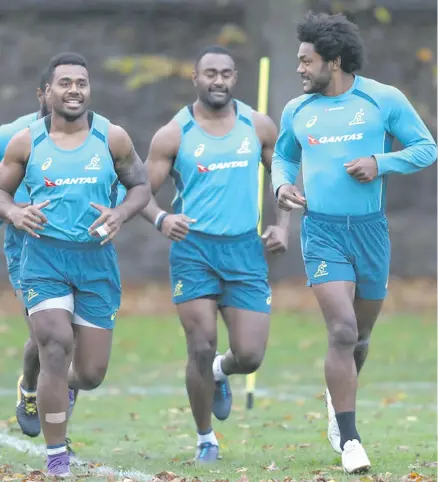  ?? Zimbio ?? From left; Samu Kerevi, Tevita Kuridrani, and Henry Speight during the Australia rugby training session at Sport Wales on November 6, 2017 in Cardiff, Wales.Photo: