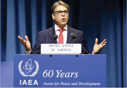  ??  ?? US Energy Secretary Rick Perry delivers a speech during the general conference of the Internatio­nal Atomic Energy Agency in Vienna. (AP)