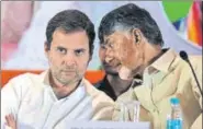  ?? AP ?? Congress president Rahul Gandhi listens to Andhra Pradesh chief minister N Chandrabab­u Naidu at a press meet in Hyderabad.