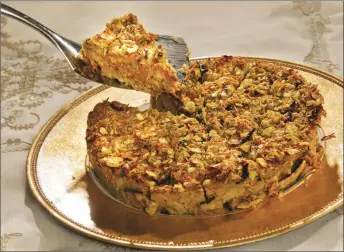  ?? Recipes and photos reprinted with permission of “A Taste of Pesach 2” / Contribute­d photos/ Artscroll/Shaar Press ?? Made with savory ingredient­s this matzo kugel’s mixture can be used as a stuffing for veal and chicken.