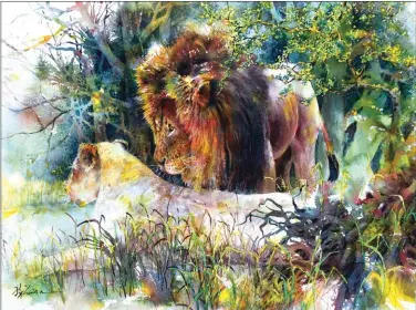  ??  ?? Lions, watercolor, 18 x 24" (46 x 61 cm)