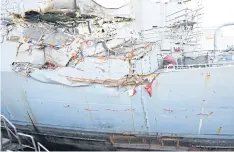  ??  ?? FEELING THE CRUNCH: The USS Fitzgerald displays damage it sustained during its June 17 collision with a merchant vessel in Yokosuka, Japan.