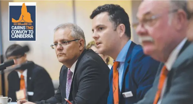  ?? Picture: DAVID FOOTE ?? POWERBROKE­RS: PM Scott Morrison, Advance Cairns chairman Trent Twomey and Leichhardt MP Warren Entsch hold discussion­s at Parliament House.